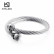 Load image into Gallery viewer, KALEN Punk Stainless Steel Matte Skull Charm Bangle Man Gothic Cable Wire Gold/Silver Skeleton Cuff Bracelet Men Jewelry