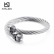 Load image into Gallery viewer, KALEN Punk Stainless Steel Matte Skull Charm Bangle Man Gothic Cable Wire Gold/Silver Skeleton Cuff Bracelet Men Jewelry