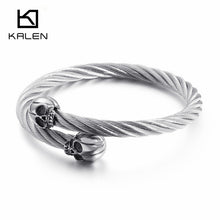 Load image into Gallery viewer, KALEN Punk Stainless Steel Matte Skull Charm Bangle Man Gothic Cable Wire Gold/Silver Skeleton Cuff Bracelet Men Jewelry