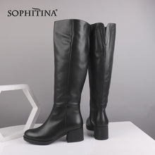 Load image into Gallery viewer, SOPHITINA Quality Cow Leather Boots Soild Knee High Round Toe Zipper Square High Heel Women Shoes Fashion Daily Warm Boots SC524