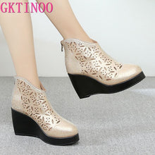 Load image into Gallery viewer, GKTINOO Fashion Rhinestones Gauze Sandals Summer New Mesh Boots Genuine Leather Women's Shoes Hollow Boots High Heels Wedges