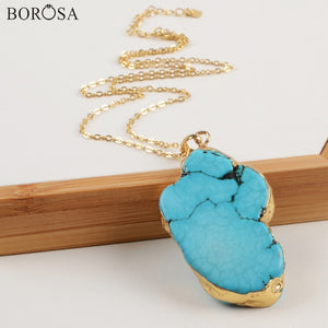 BOROSA Gold/Silver Color Irregular Blue Howlite Turquoises Pendant with Metal Chain Women Men Necklace