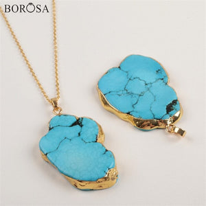 BOROSA Gold/Silver Color Irregular Blue Howlite Turquoises Pendant with Metal Chain Women Men Necklace