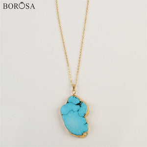 BOROSA Gold/Silver Color Irregular Blue Howlite Turquoises Pendant with Metal Chain Women Men Necklace