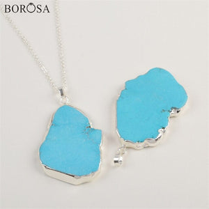 BOROSA Gold/Silver Color Irregular Blue Howlite Turquoises Pendant with Metal Chain Women Men Necklace