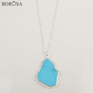 BOROSA Gold/Silver Color Irregular Blue Howlite Turquoises Pendant with Metal Chain Women Men Necklace