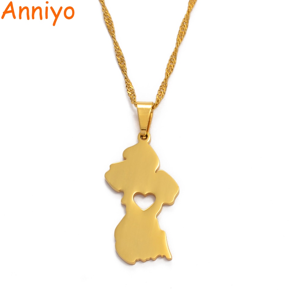 Anniyo Map of Guyana Pendant Necklace Women/Men Gold Color Guayana Jewelry Republic of Guyana #006221