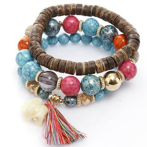 Hot Bohemian Bracelets Women Elephant Tassel Charm Bracelet Wooden Beads Couple Bracelet Vintage Boho Jewelry Elastic Pulseras