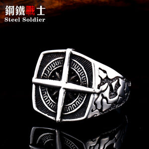 Steel soldier cross round geometric cross signet stainless steel ring men popular titanium steel unqiue jewelry drop ship