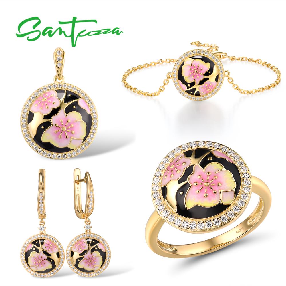 SANTUZZA Jewelry Set for Women 925 Sterling Silver Cherry blossoms Enamel Earrings Ring Pendant Bracelet Set Trendy Fine Jewelry