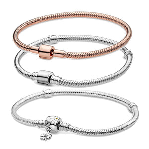 2020 New 925 Solid Silver Bracelet Retro Bloom Rose Golden Color Daisy Flower Barrel Clasp Snake Chain Bracelet Women  Jewelry