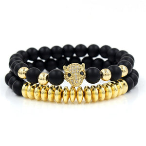 Bracelet Woman Men 8mm CZ Leopard Bracelet Set Charms Jewelry Hematite Stone Couple Lover Bracelets Bangles Pulseira Masculina