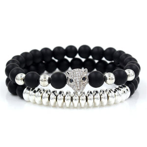 Bracelet Woman Men 8mm CZ Leopard Bracelet Set Charms Jewelry Hematite Stone Couple Lover Bracelets Bangles Pulseira Masculina