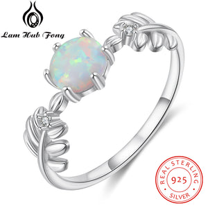 925 Sterling Silver Round White Opal Ring Branch Leaf Ring Cubic Zirconia Fine Jewelry Wedding Gift for Women (Lam Hub Fong)