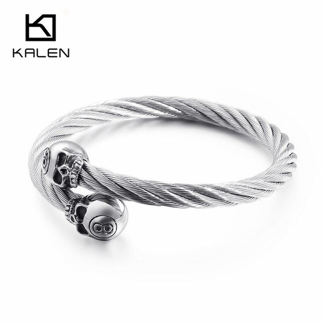 KALEN Punk Stainless Steel Matte Skull Charm Bangle Man Gothic Cable Wire Gold/Silver Skeleton Cuff Bracelet Men Jewelry