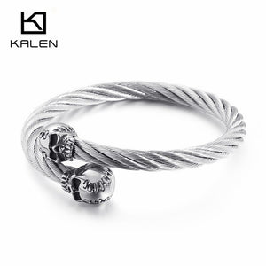 KALEN Punk Stainless Steel Matte Skull Charm Bangle Man Gothic Cable Wire Gold/Silver Skeleton Cuff Bracelet Men Jewelry