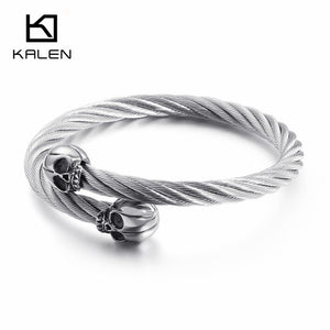 KALEN Punk Stainless Steel Matte Skull Charm Bangle Man Gothic Cable Wire Gold/Silver Skeleton Cuff Bracelet Men Jewelry