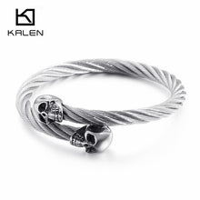 Load image into Gallery viewer, KALEN Punk Stainless Steel Matte Skull Charm Bangle Man Gothic Cable Wire Gold/Silver Skeleton Cuff Bracelet Men Jewelry
