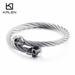 KALEN Punk Stainless Steel Matte Skull Charm Bangle Man Gothic Cable Wire Gold/Silver Skeleton Cuff Bracelet Men Jewelry