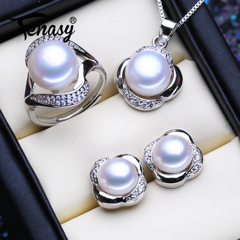 FENASY 925 Sterling Silver Pendant Necklace Natural Pearl Jewelry Sets For Women Classic Stud Earrings Fashion Big Party Rings