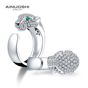 AINUOSHI 925 Sterling Silver Leopard Head Design Ring Men And Women Animal Ring Simulated Diamond Micro Paved Open Rings