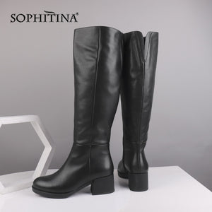 SOPHITINA Quality Cow Leather Boots Soild Knee High Round Toe Zipper Square High Heel Women Shoes Fashion Daily Warm Boots SC524