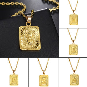 Gold Color A-Z Letters Square Necklace Initial Pendant Chain for Men Women Jewelry Gifts