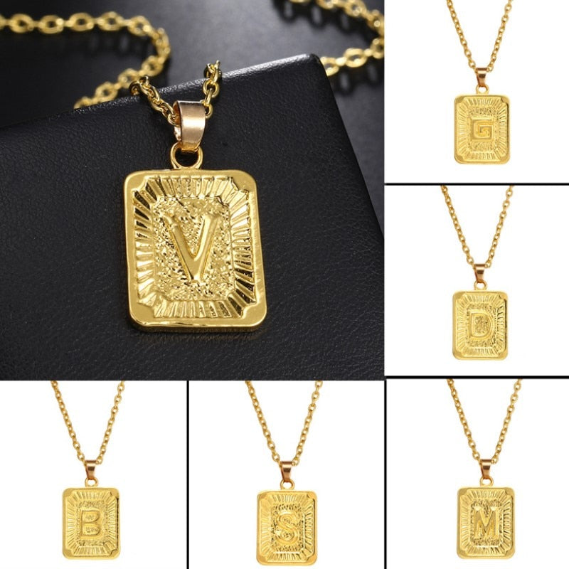 Gold Color A-Z Letters Square Necklace Initial Pendant Chain for Men Women Jewelry Gifts