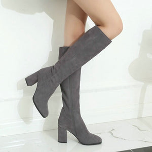 Genuine Leather Knee Boots Women Fashion Round Toe Zipper Chunky Heel Boots Woman Winter High Heel Shoes Gray Brown Black Boots