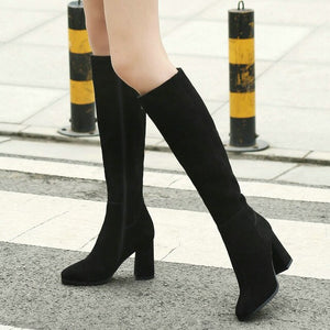 Genuine Leather Knee Boots Women Fashion Round Toe Zipper Chunky Heel Boots Woman Winter High Heel Shoes Gray Brown Black Boots