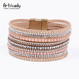 Artilady  leather bangles with crystal luxury design bangles magnet bracelet women  jewelry