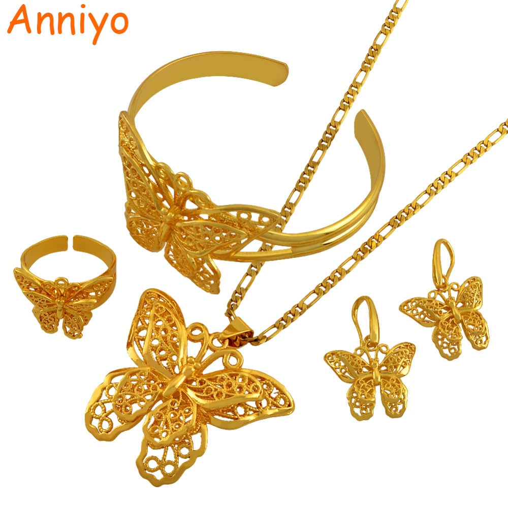 Anniyo PNG Butterfly Necklace Earrings Bangle Ring set Jewelry African Wedding set Gold Color Papua New Guinea Gifts #022206