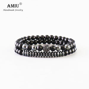 AMIU 2pc/set Natural Stone Hematite Onyx Bead Bracelet Men Micro Pave CZ Disco Ball Charms Bracelets For Women Men Jewelry