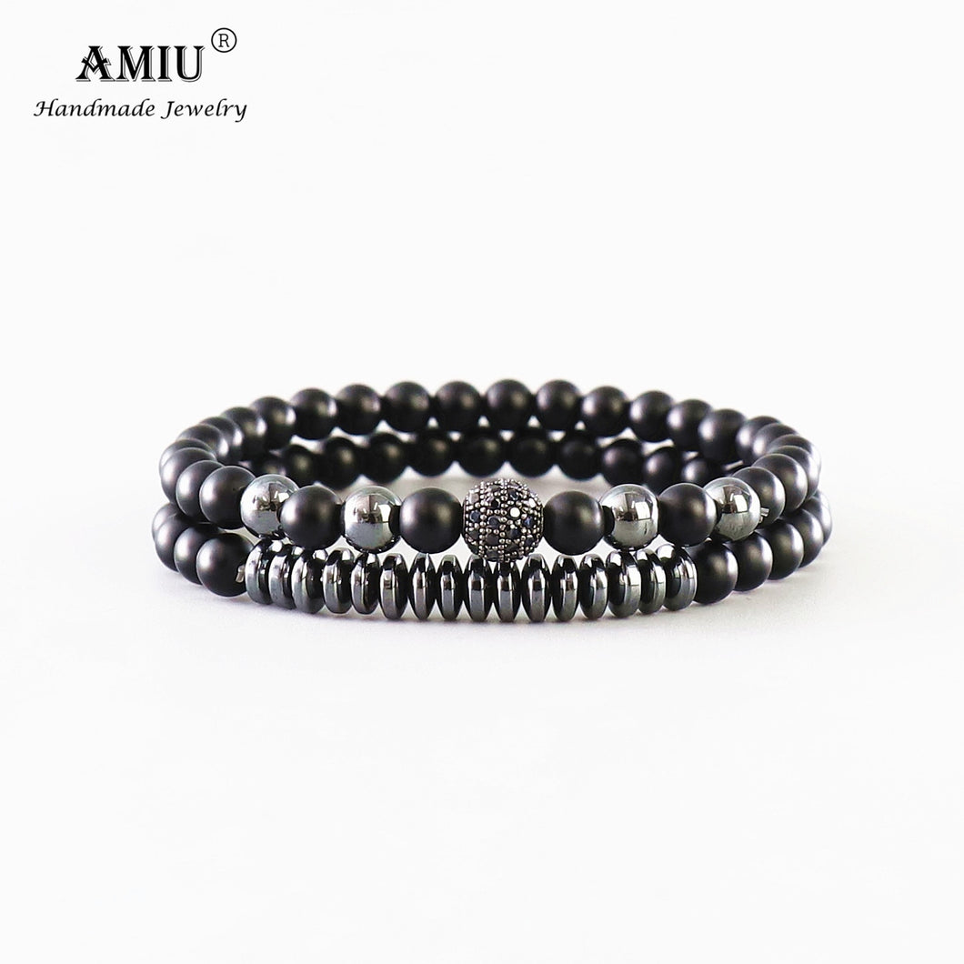 AMIU 2pc/set Natural Stone Hematite Onyx Bead Bracelet Men Micro Pave CZ Disco Ball Charms Bracelets For Women Men Jewelry